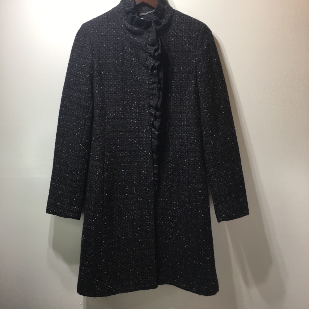 DKNY Black Tweed Ruffle Coat Size 10